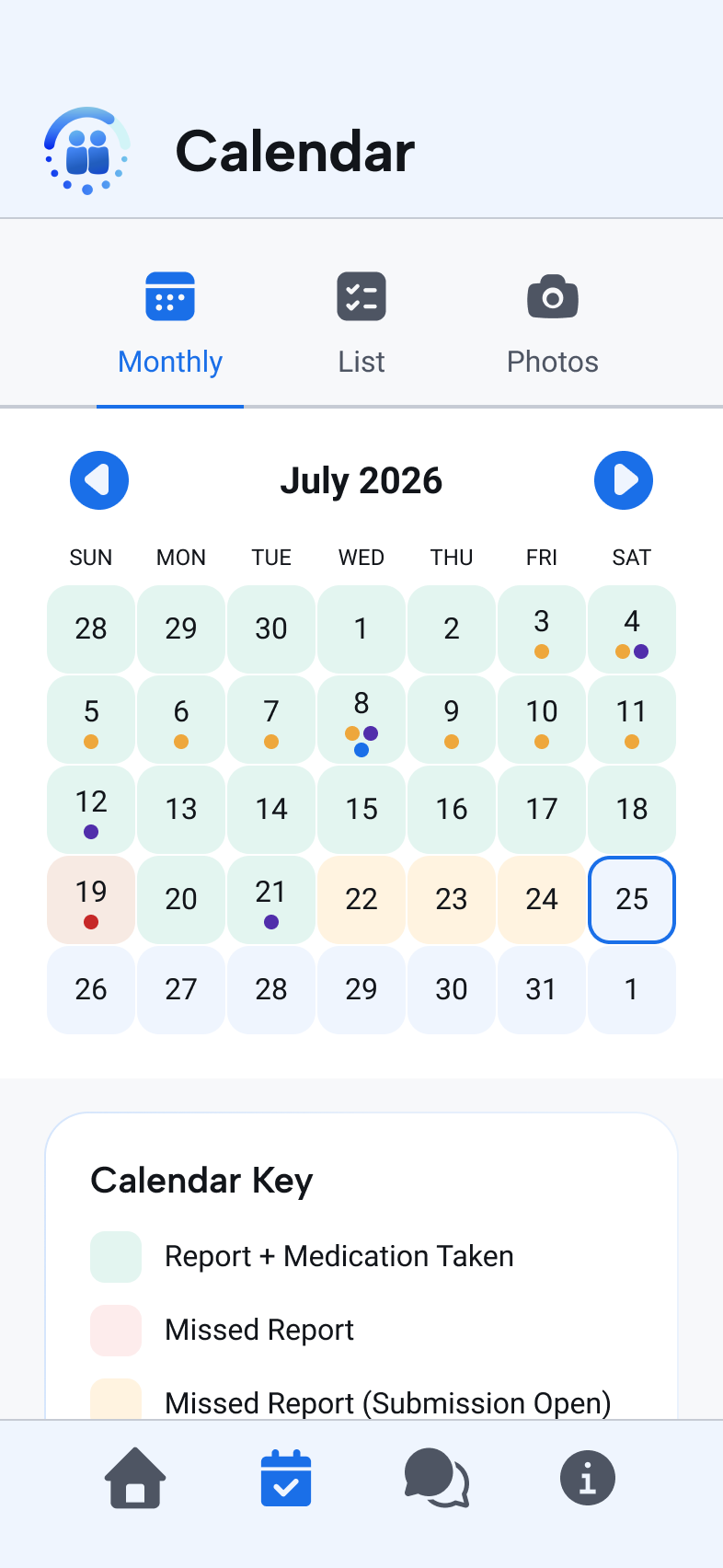 Monthly calendar view showing treatment-report history across the month.