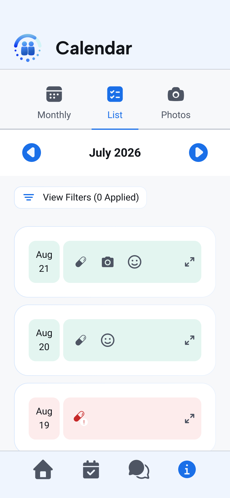 Calendar list view with dated medication, symptom, and test-photo records.