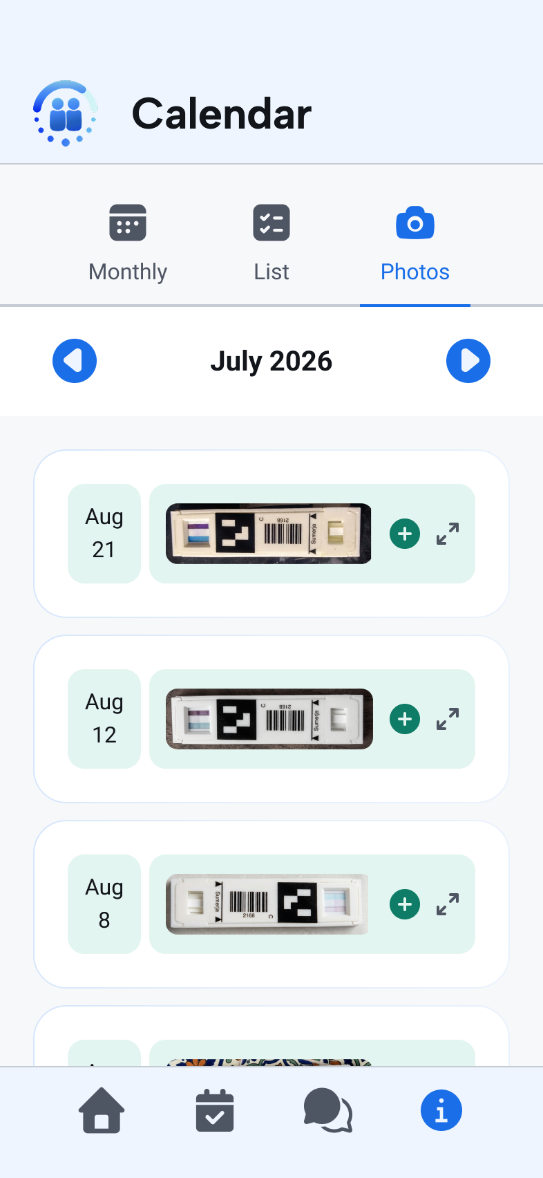 Calendar photo gallery showing medication test-strip submissions over time.