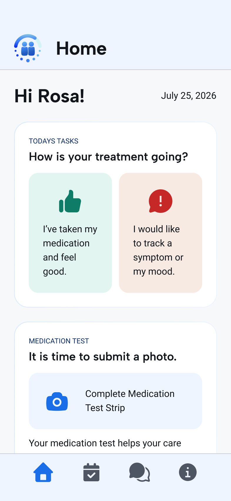 TB Companion home screen asking how treatment is going, with one-tap medication and symptom reporting options plus a medication test reminder.