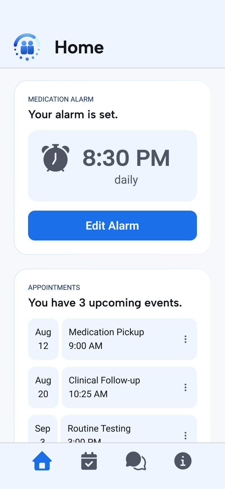 Continuation of the home screen showing treatment progress and upcoming actions.