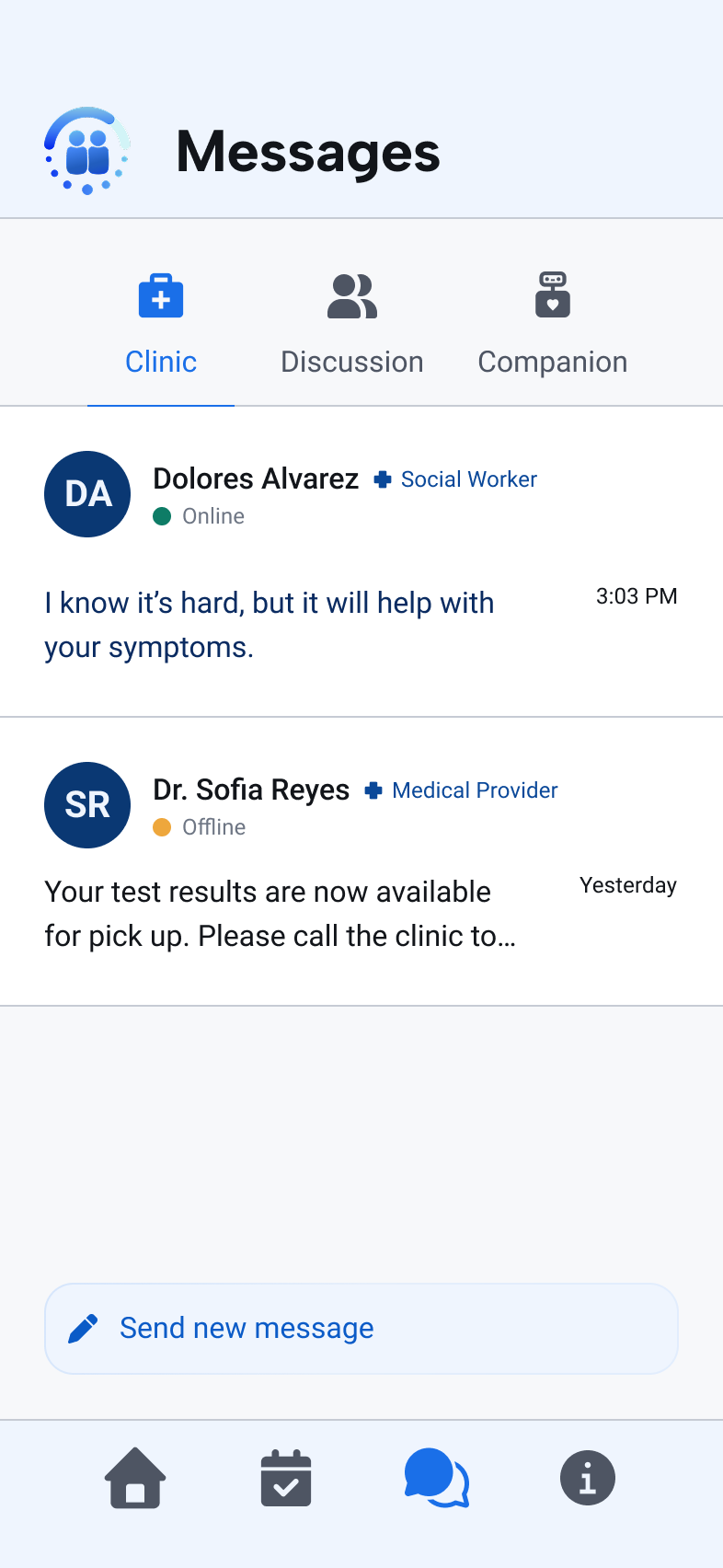 Clinic messaging screen showing care-team conversations with names, roles, and availability.