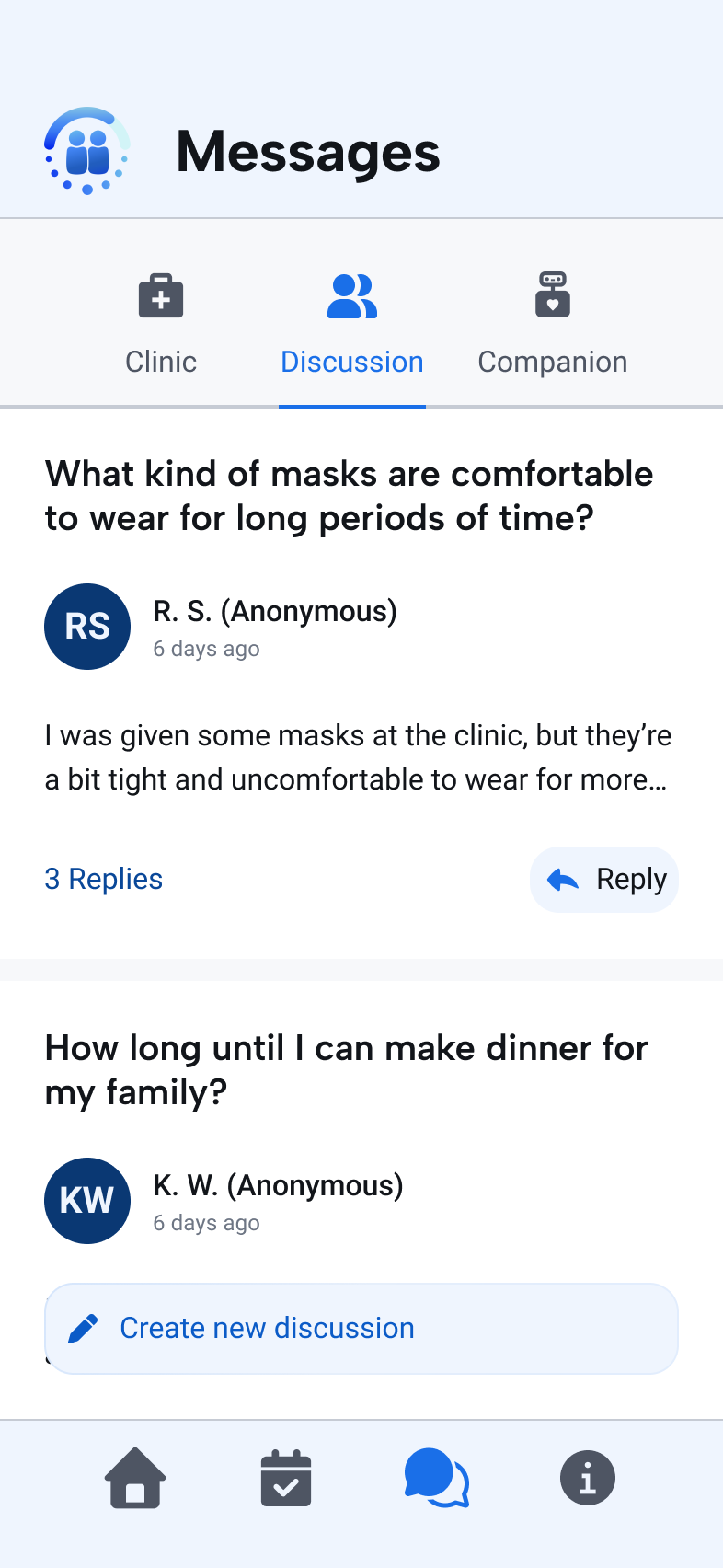 Anonymous patient discussion forum within the Messages area.