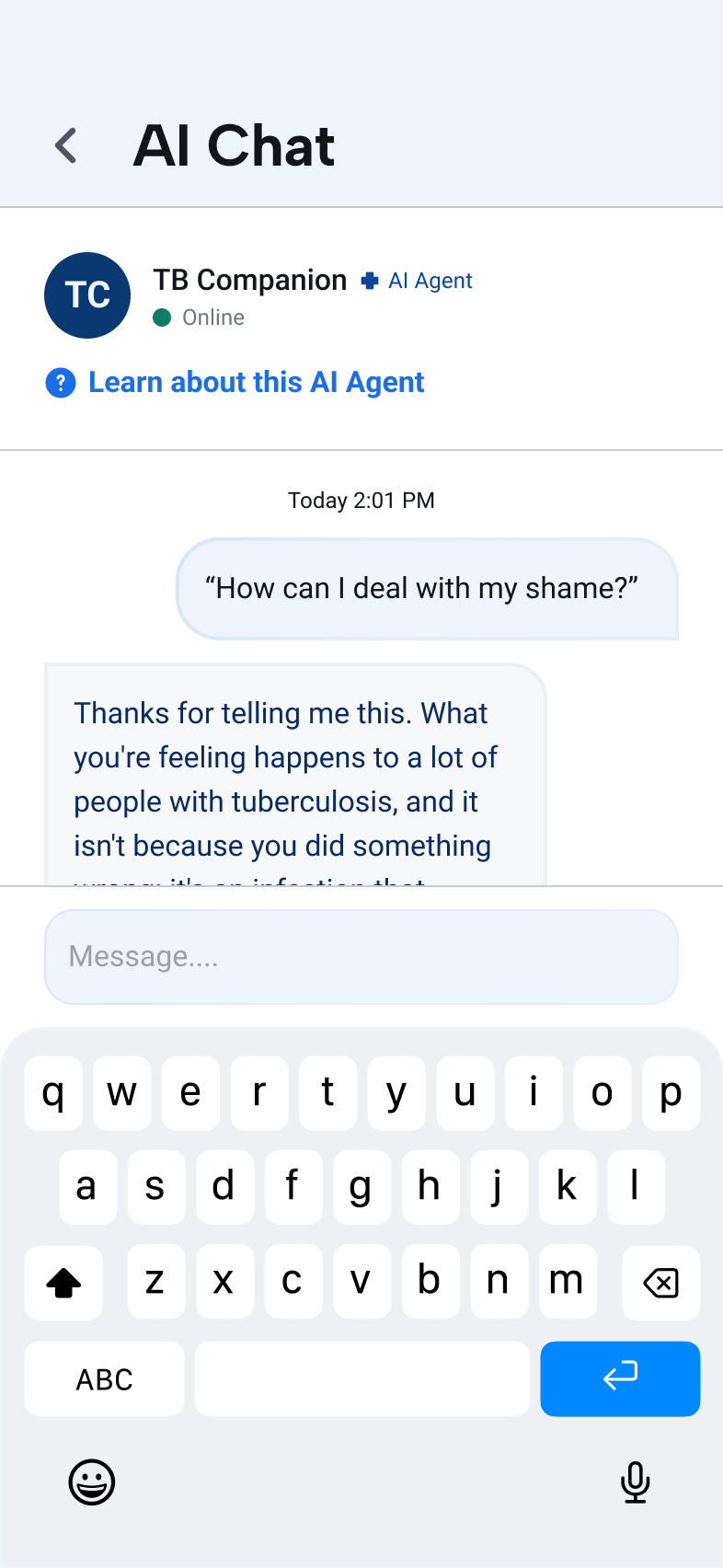 AI Companion conversation showing an empathetic response and escalation context.