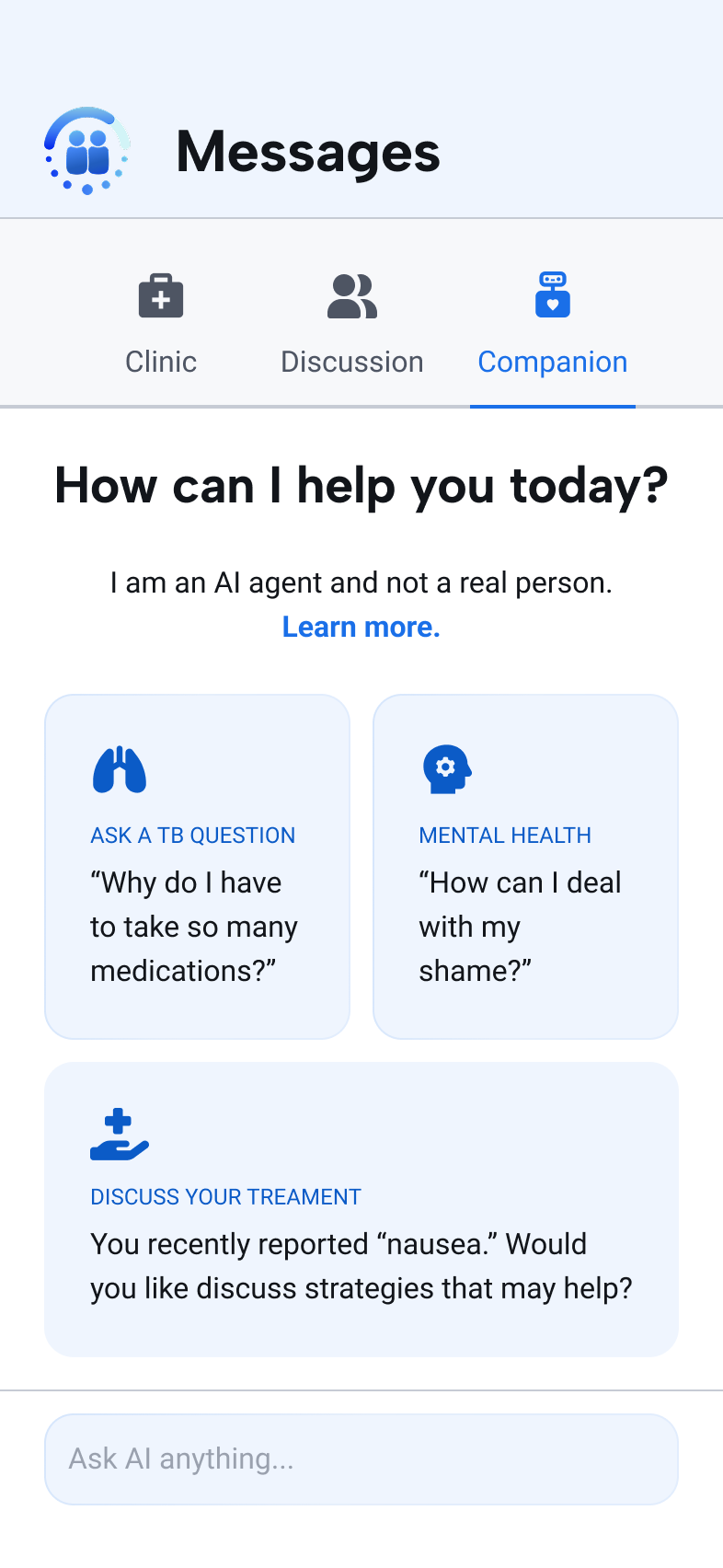 AI Companion chat opening with suggested questions and visible agent guardrails.