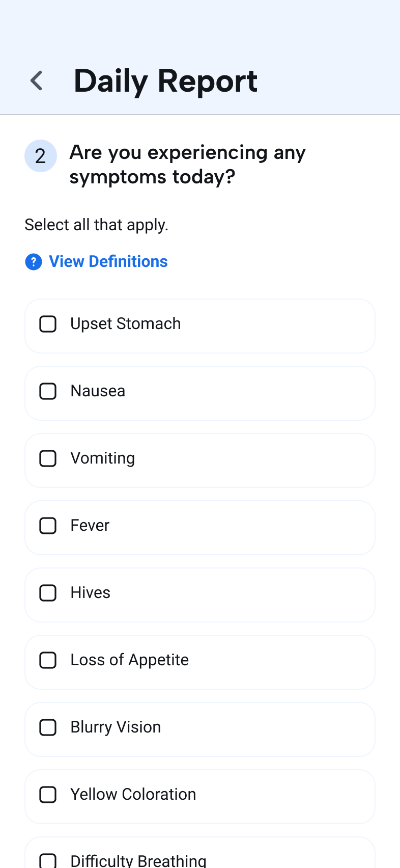 Daily treatment-report flow showing a later check-in step and response options.