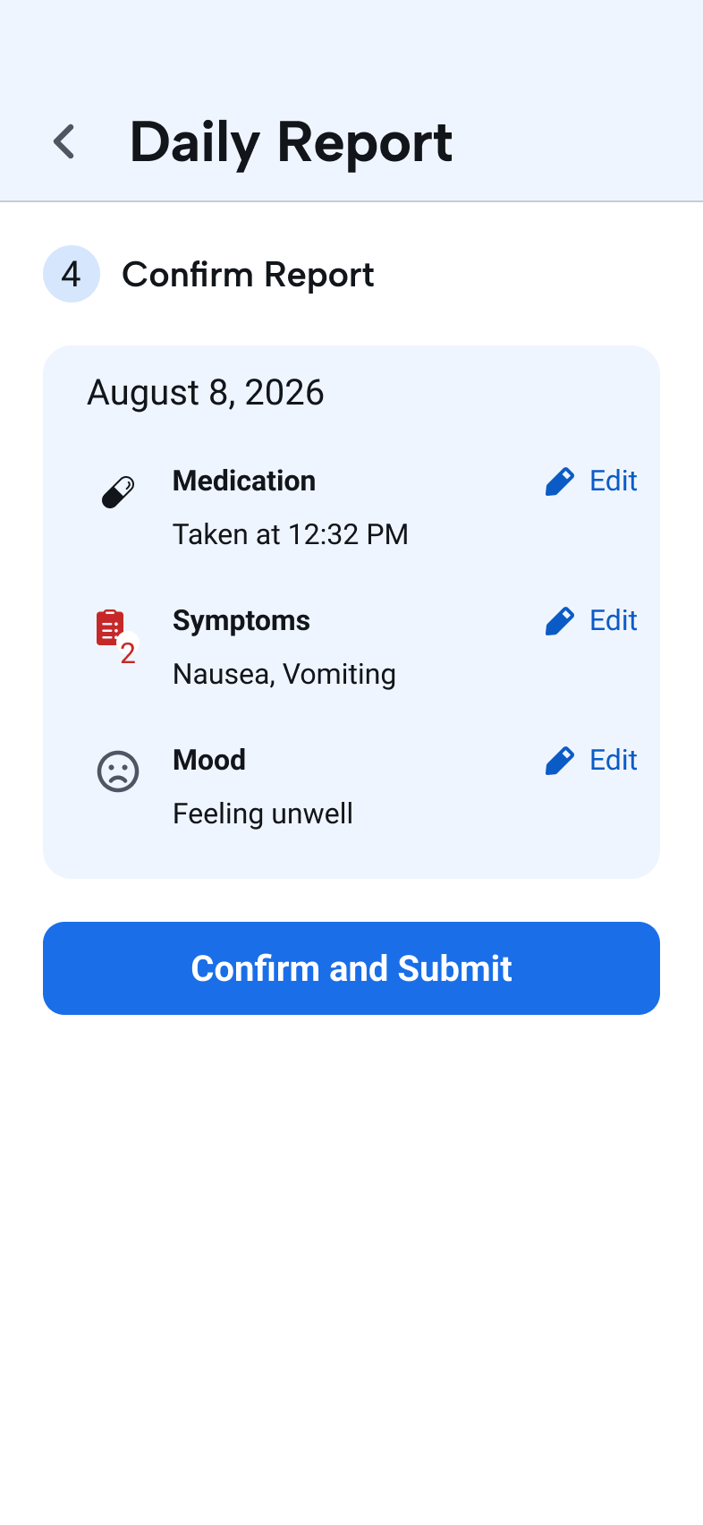 Daily report summary before the patient submits the completed check-in.