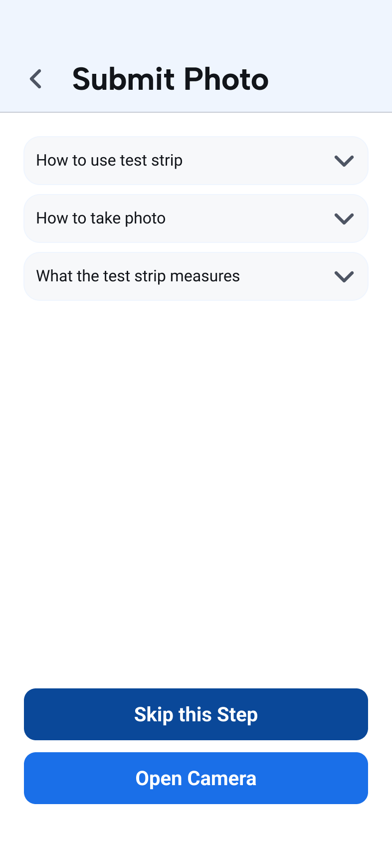 Medication test-strip workflow introducing the photo-submission process.