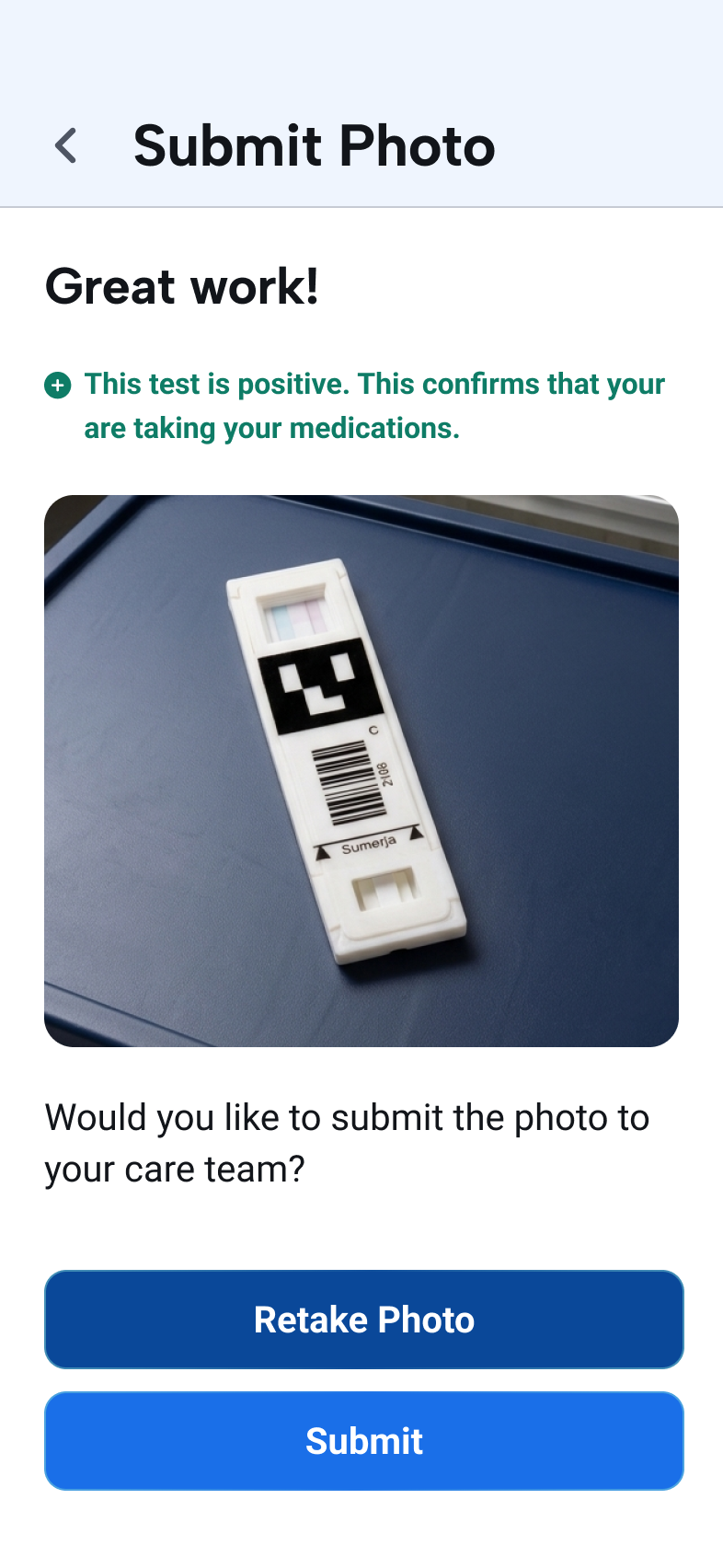 Medication test-strip workflow reviewing the captured photo and interpreted result.