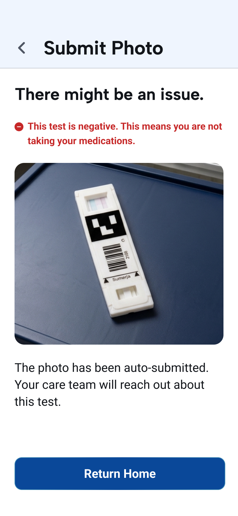 Medication test-strip submission confirmation explaining what was sent to the care team.