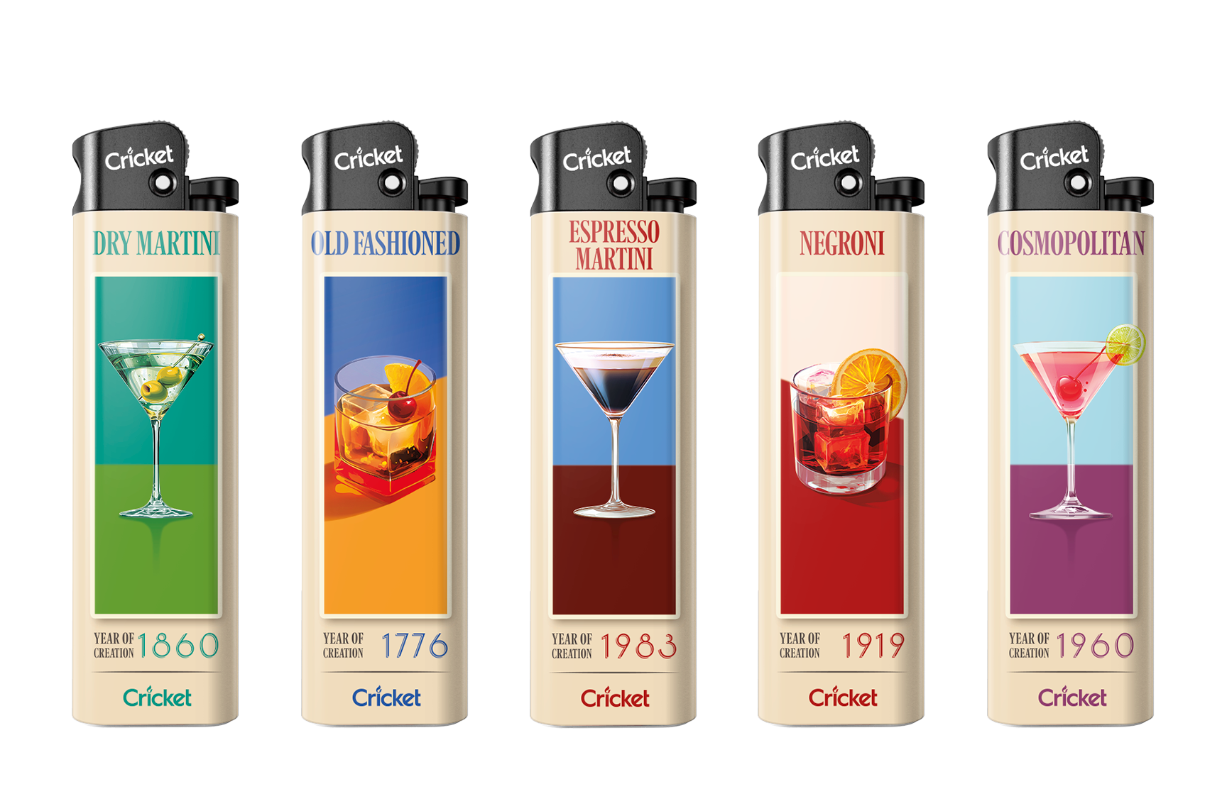 Ogni accendino della collezione Mixology celebra un cocktail leggendario. Questi cinque modelli riuniscono gli ingredienti della bevanda e l'anno di origine, trasformando la mixologia in una narrazione visiva.