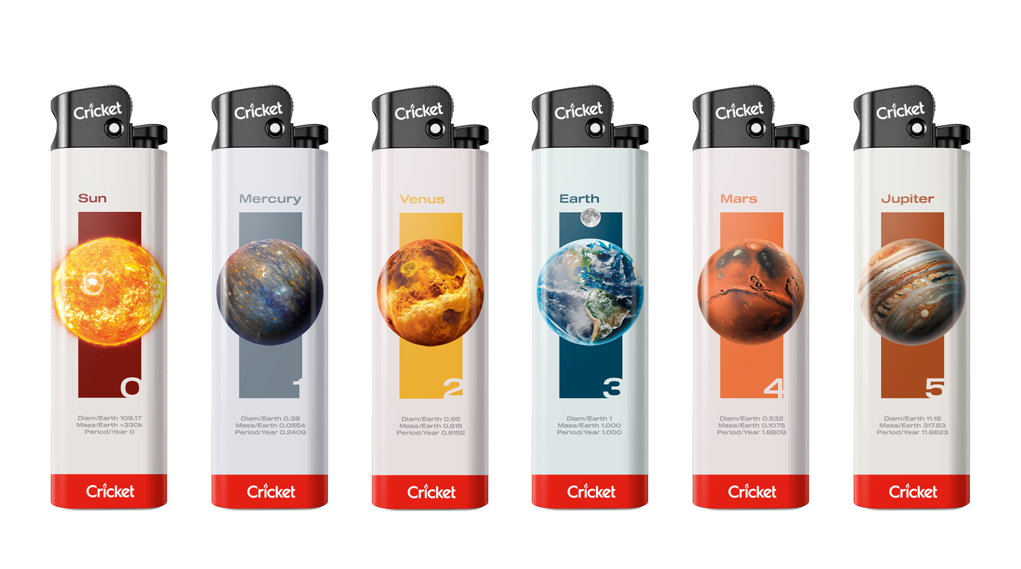 La collezione Solar System comprende nove accendini, ciascuno dedicato a un pianeta o alla stella che fa ruotare il nostro sistema. Dal Sole ardente al gelido Nettuno, ogni modello abbina immagini mozzafiato a dati astronomici reali.
