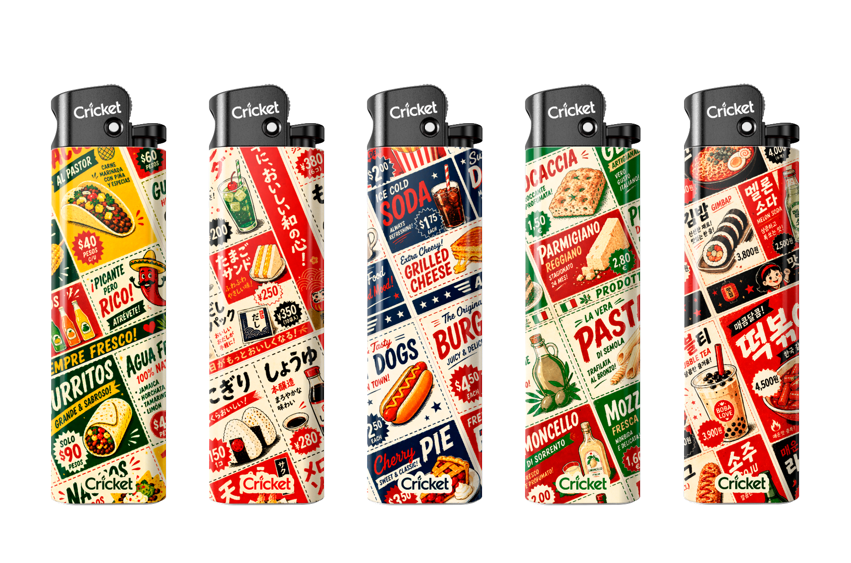 Discover Coupons, a limited-edition Cricket lighter collection inspired by vintage food promotions, advertising tickets, and colorful commercial posters.