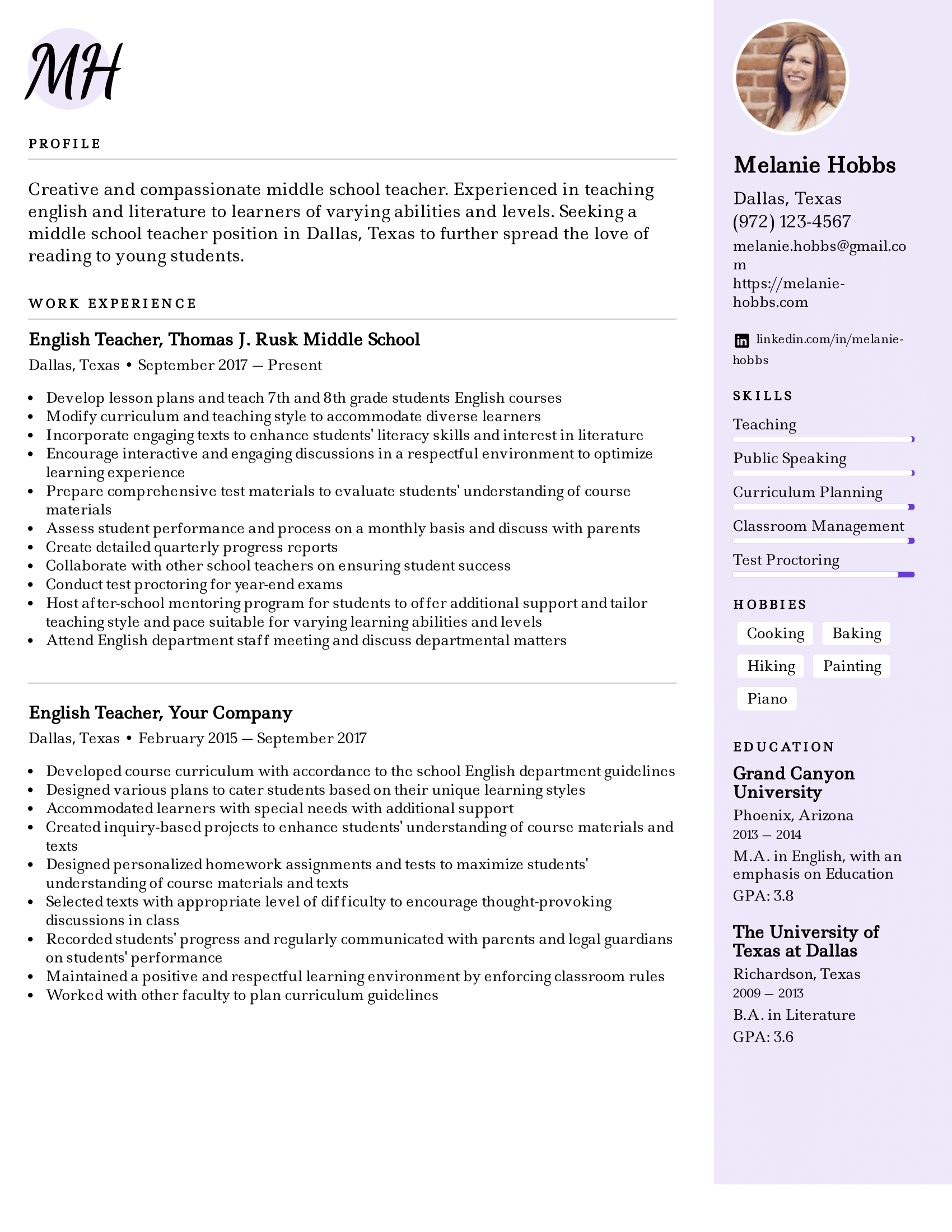 Middle School Teacher Resume Example