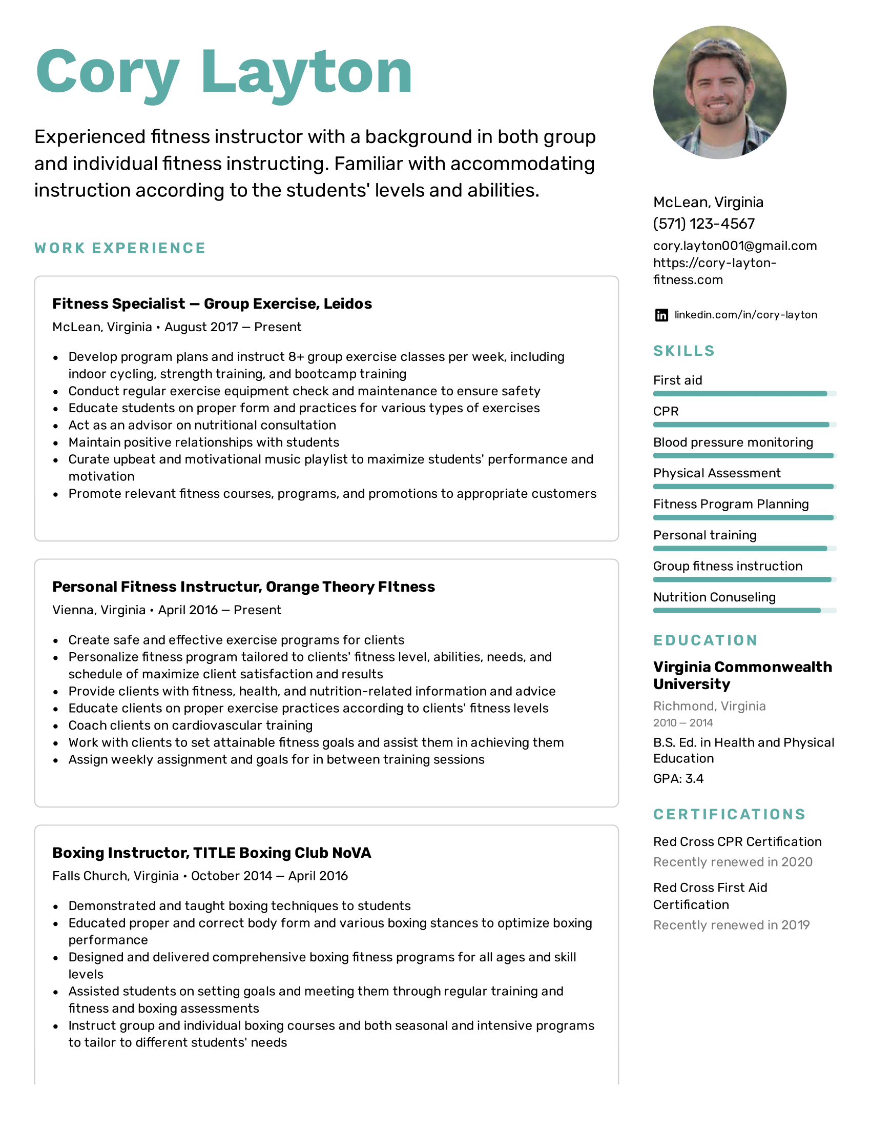 Fitness Instructor Resume Example