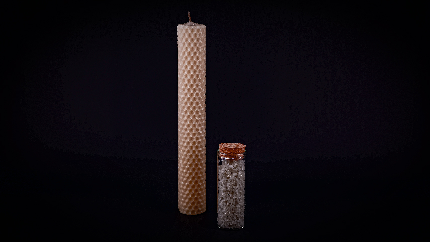 Oz jar of French Sel Sea Salt with plane beeswax candle.