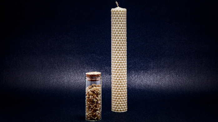 oz jar of Frankincense with plane beeswax candle.