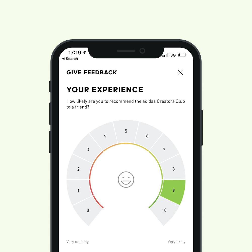 iPhone screen displays a rating selection around a circle, with 0-10 options. The screen is titled give feedback and number 8 is selected, with a smiley face shown.