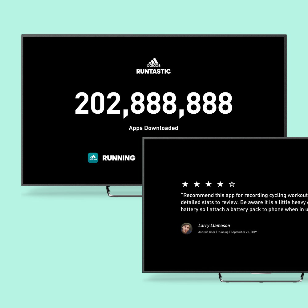 Shows 2 tv screens, one screen displays the count of app downloads for the adidas running & training app, the other shows 4 star review of the application.
