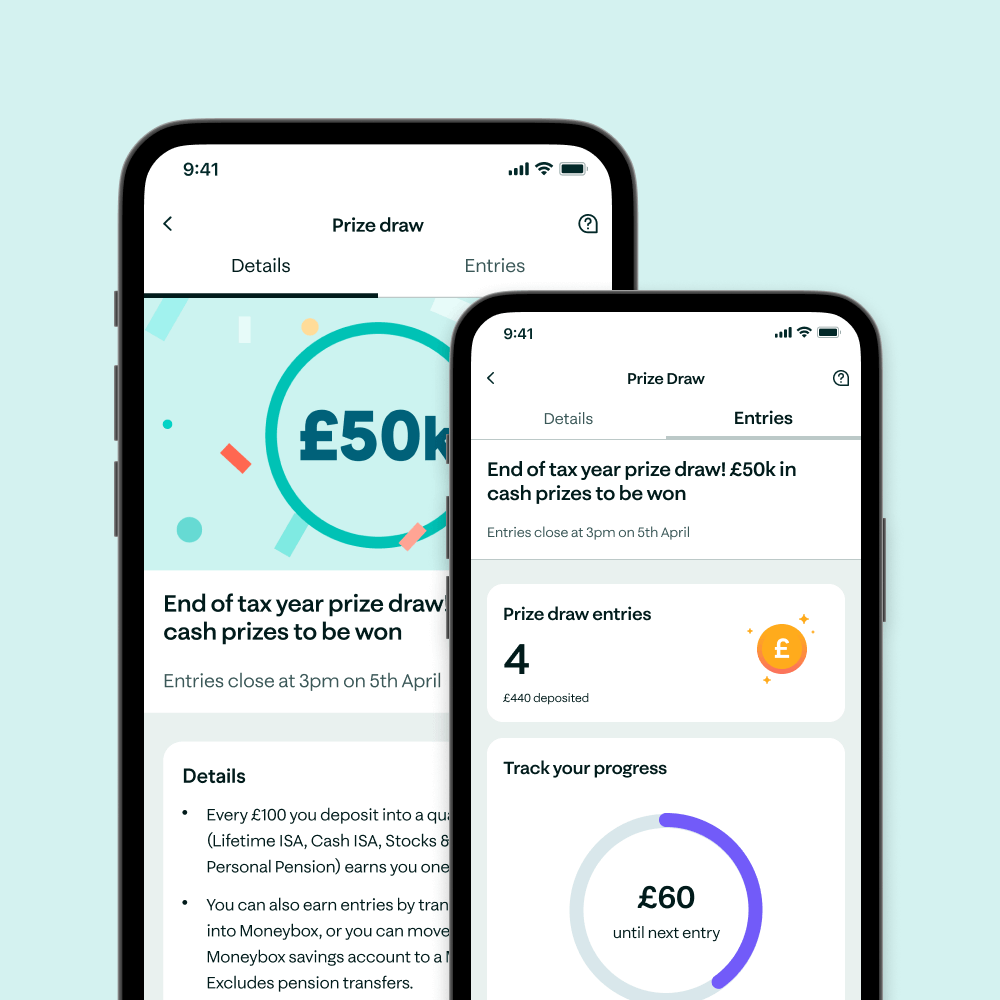 2 screens showing the promotion experience in the Moneybox app. The left screen introduces the promotion and the right screen shows the progress towards the promotion, counting earned enteries.
