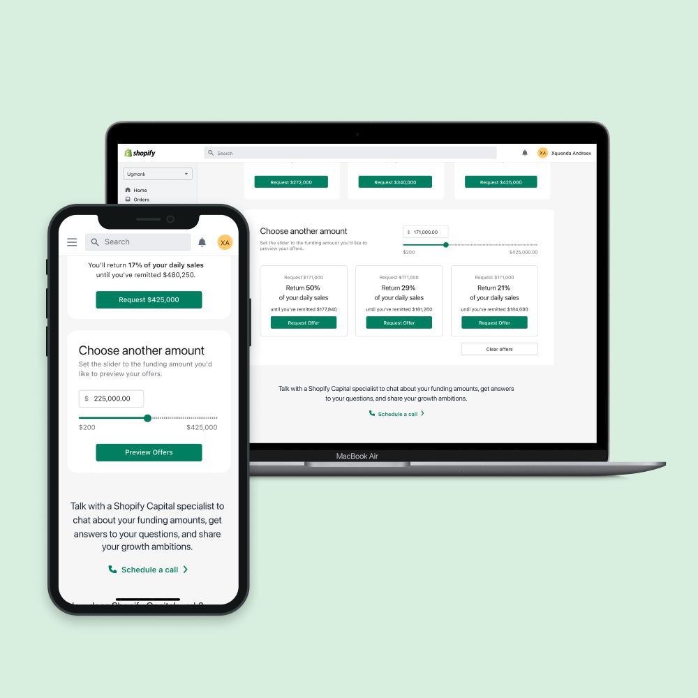 Shows an iPhone and laptop with the Shopify Capital page with 3 financing offers displayed.
