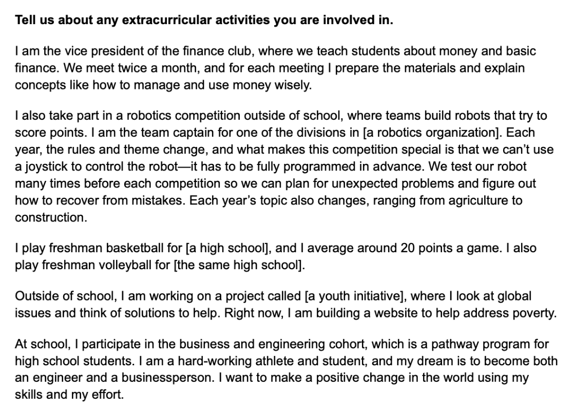 Example answer to "tell us about any extracurricular activities you are involved in."