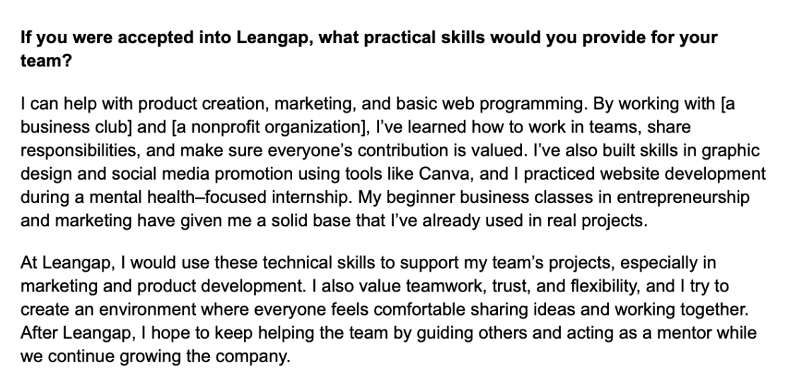 Example answer to "If you were accepted into Leangap, what practical skills would you provide for your team?"