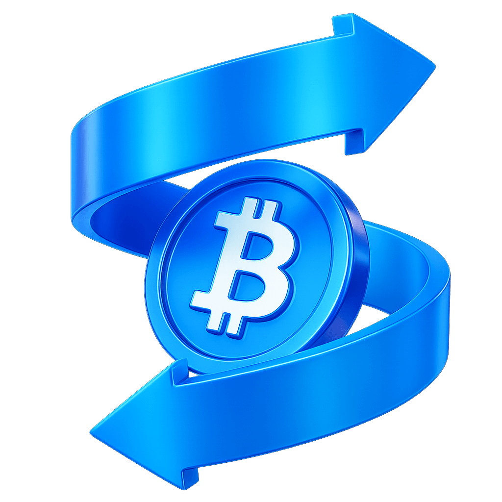 A glowing blue Bitcoin coin wrapped by two dynamic arrows, symbolizing movement, rewards, and seamless crypto flow.