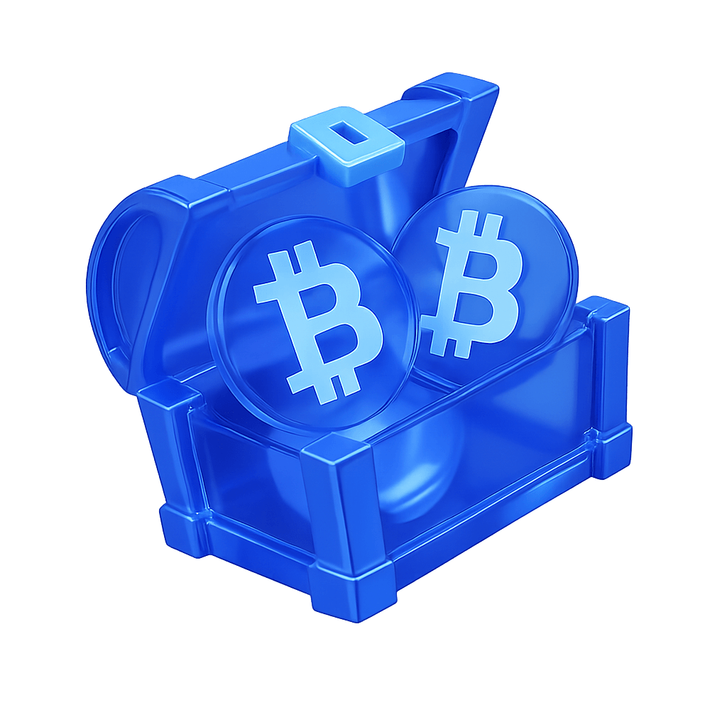 A shiny blue 3D treasure chest sits open, revealing two translucent Bitcoin coins inside. 