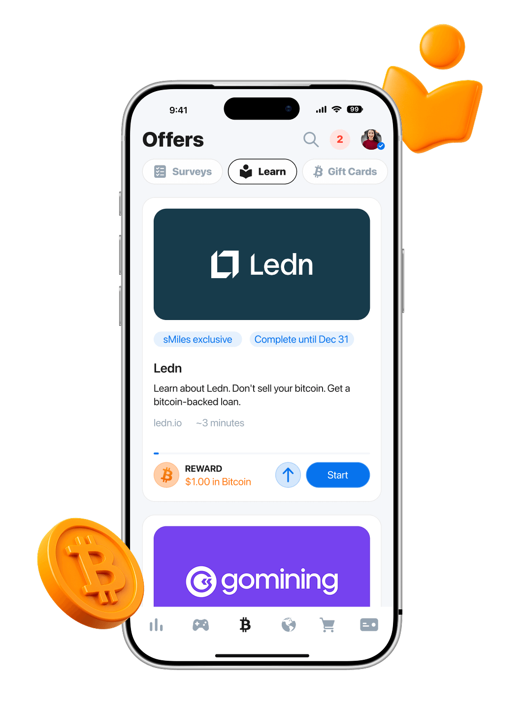 A smartphone screen displays the sMiles Learn & Earn section, featuring a Ledn educational offer that rewards users with Bitcoin. Bright 3D Bitcoin icons float around the device, highlighting the gamified, rewards-focused experience.