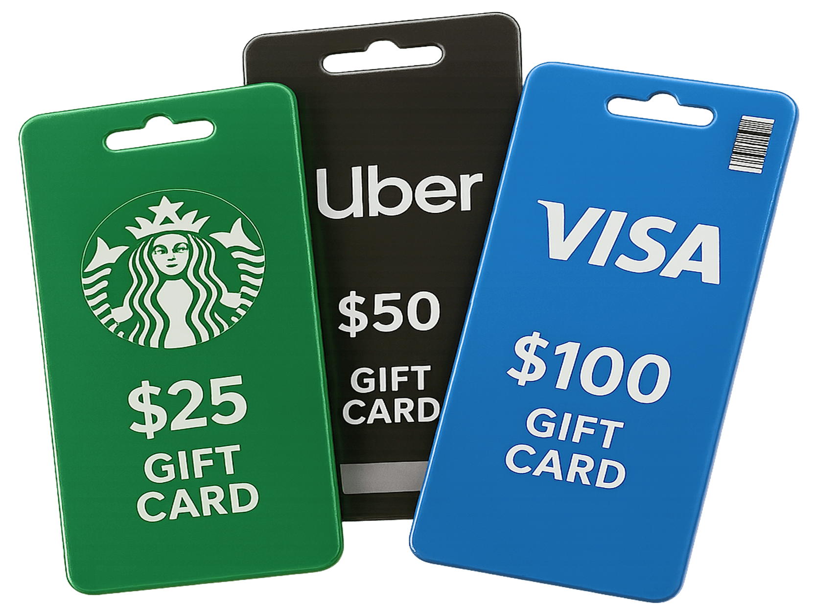 Three Gift Cards: Starbucks, Uber, Visa