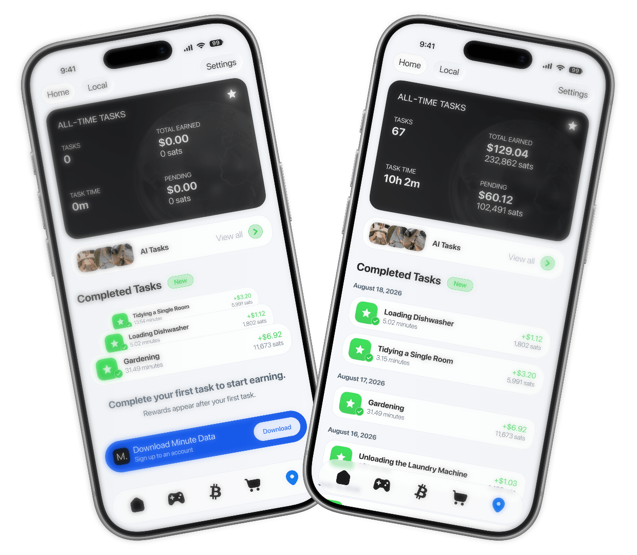Two smartphones display an app tracking completed tasks with earnings and time spent statistics.