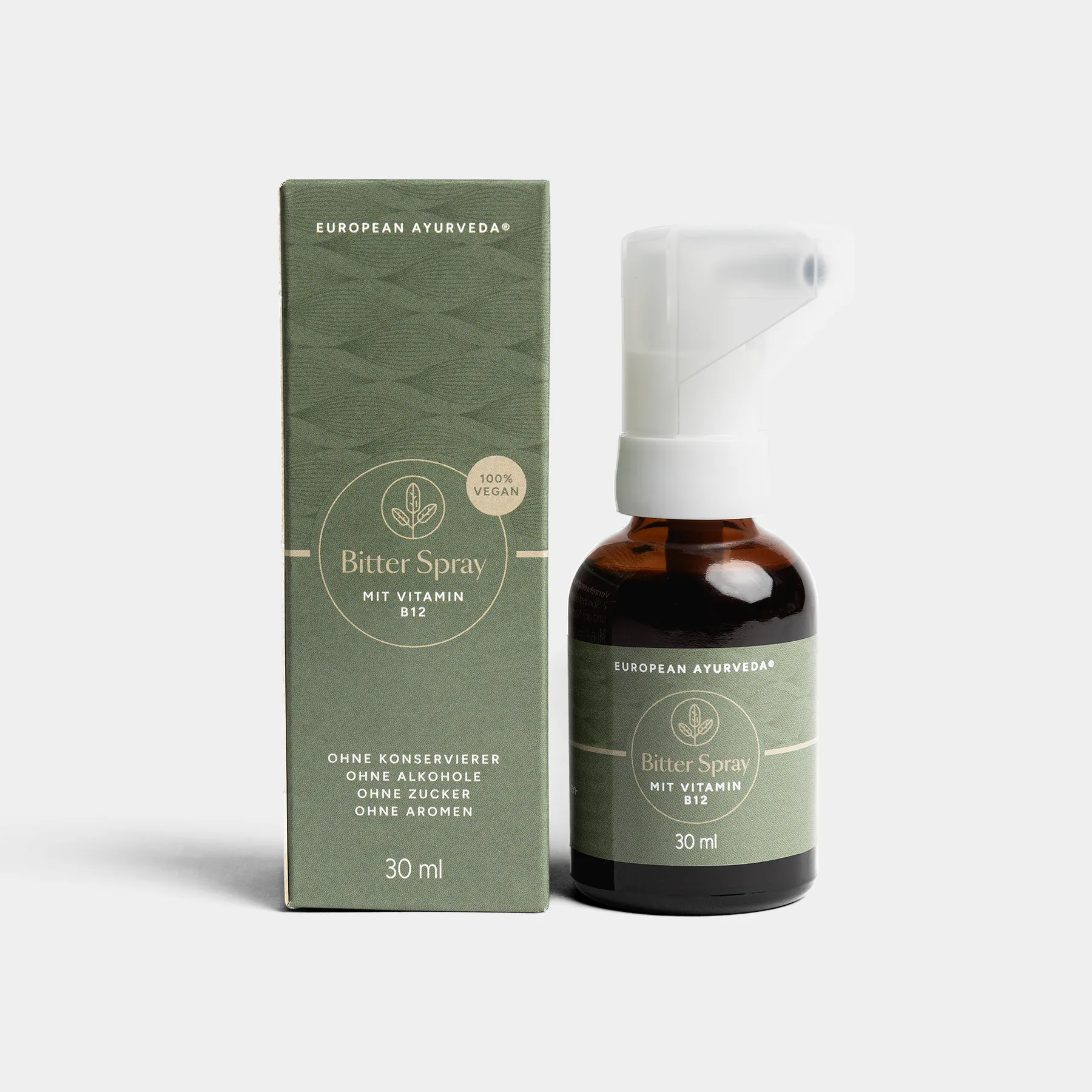 Braune Flasche und Verpackung des Bitter Spray mit Vitamin B12 von European Ayurveda.