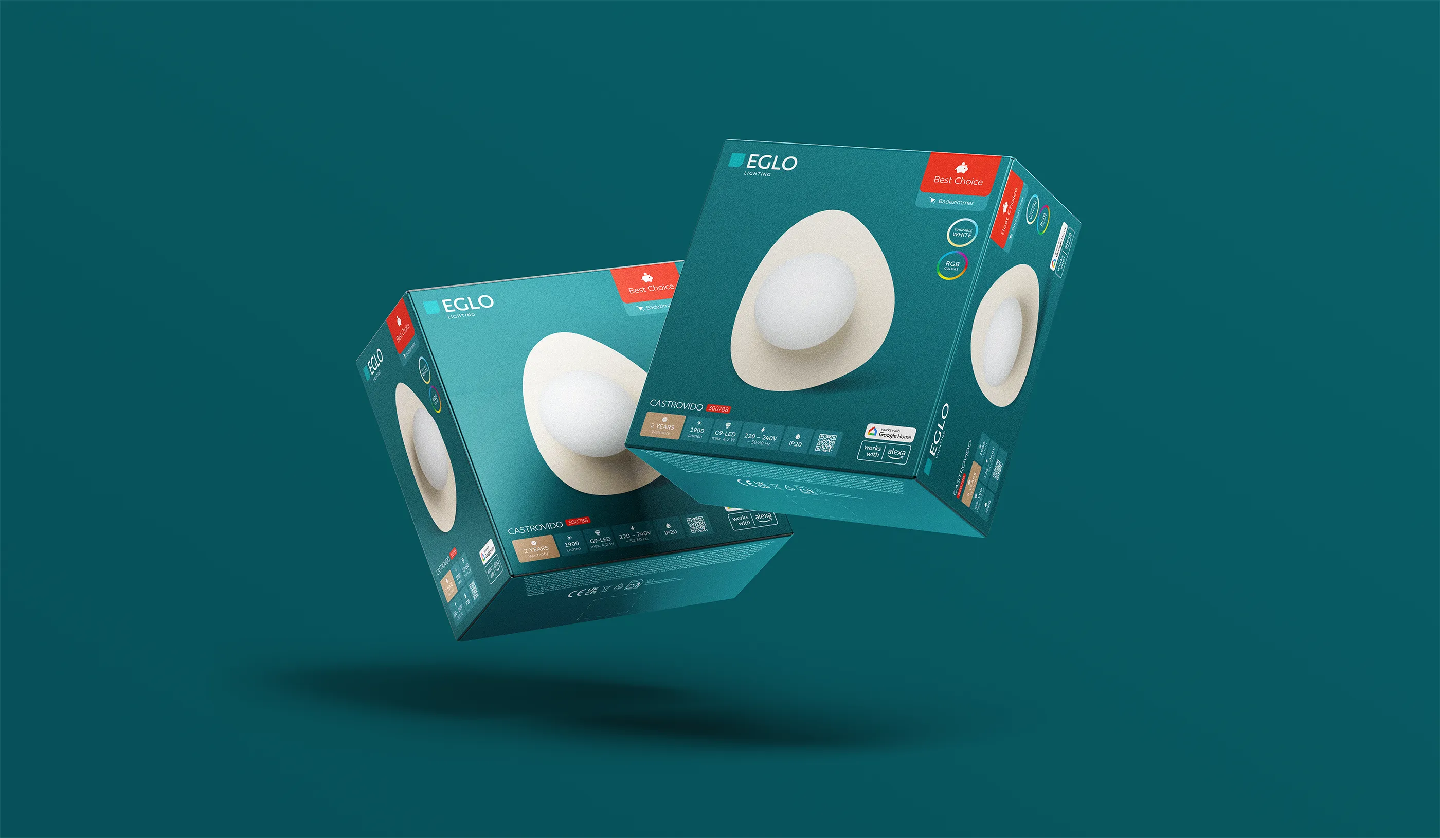 EGLO Leuchtenverpackungen auf blaugrünem Hintergrund.