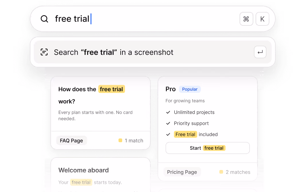 Search interface showing the query 'free trial' with search results highlighting this phrase in multiple cards, including FAQ and Pricing pages, mentioning features like unlimited projects and priority support in the Pro plan.