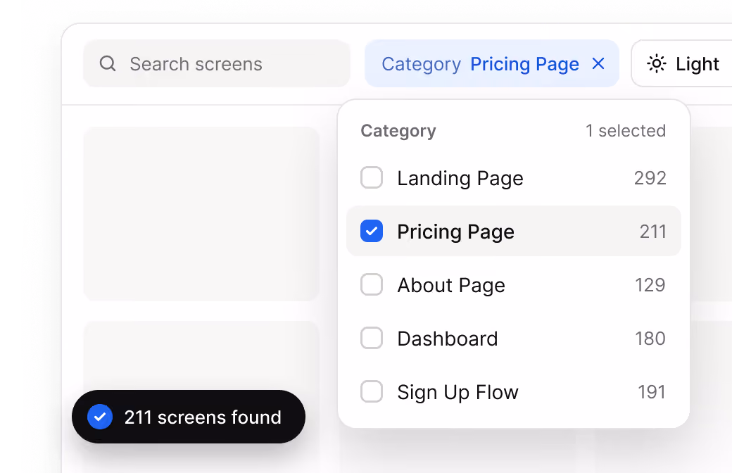 Filter dropdown menu showing categories of screens with 'Pricing Page' selected and 211 screens found, alongside a search bar and light mode toggle.