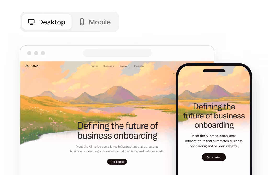 Comparison of a business onboarding website on desktop and mobile screens, showing scenic mountains and a river with text about AI-native compliance infrastructure automating onboarding and reviews, with a 'Get started' button on both devices.