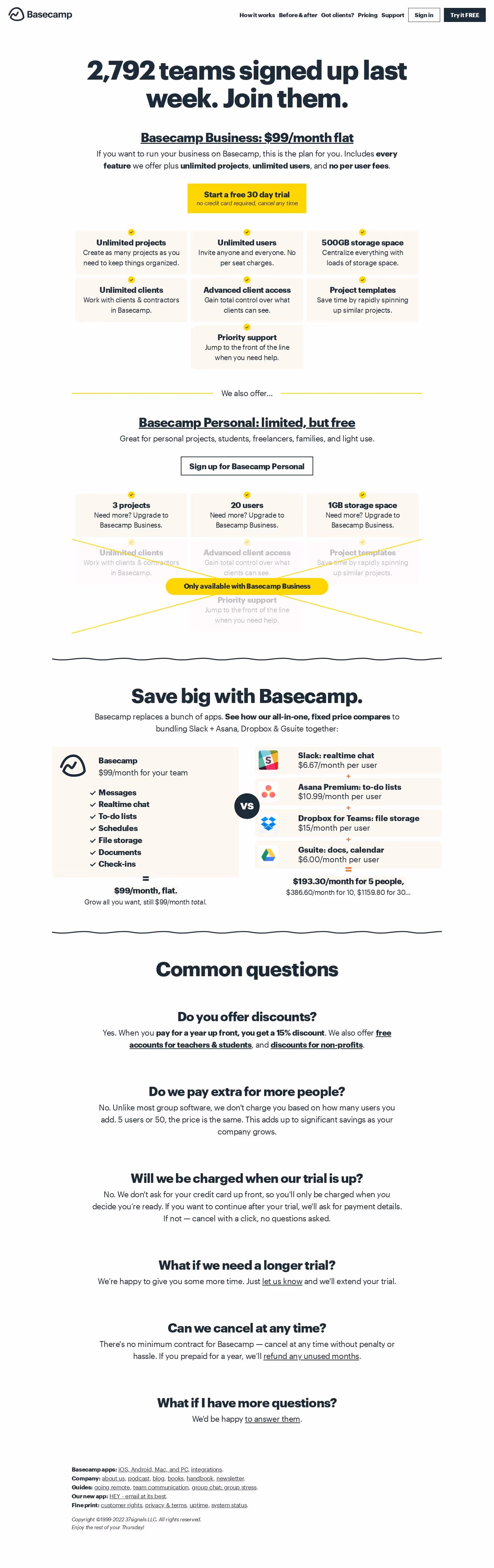 Basecamp Pricing Page