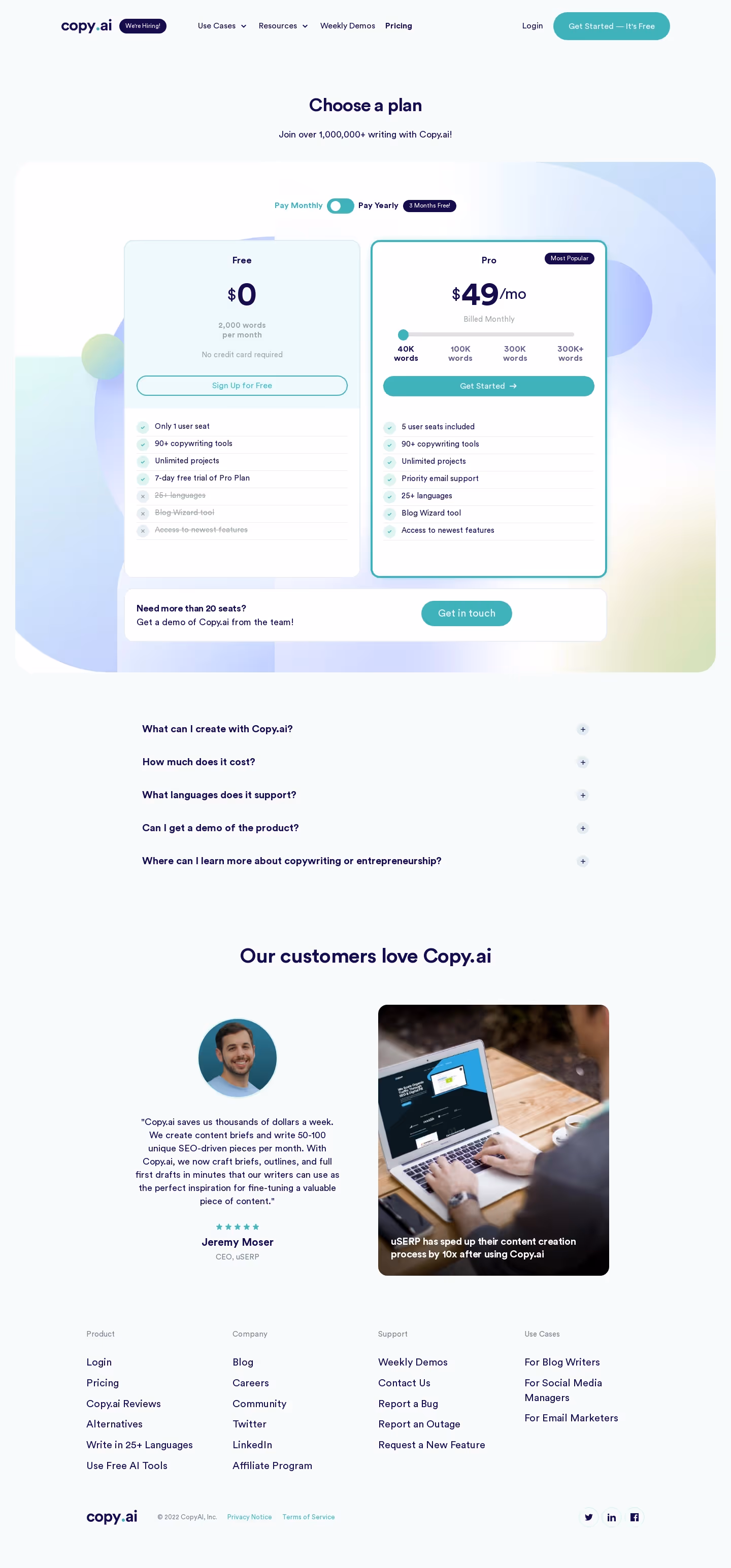 Copy.ai Pricing Page