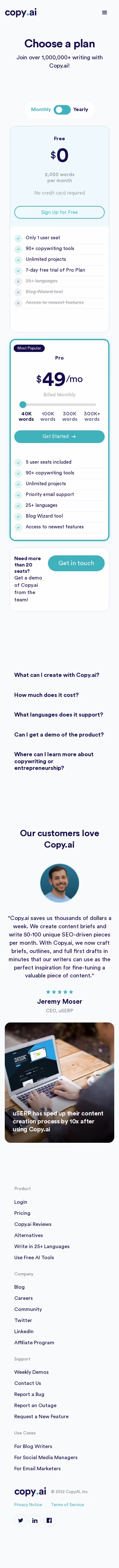 Copy.ai Pricing Page