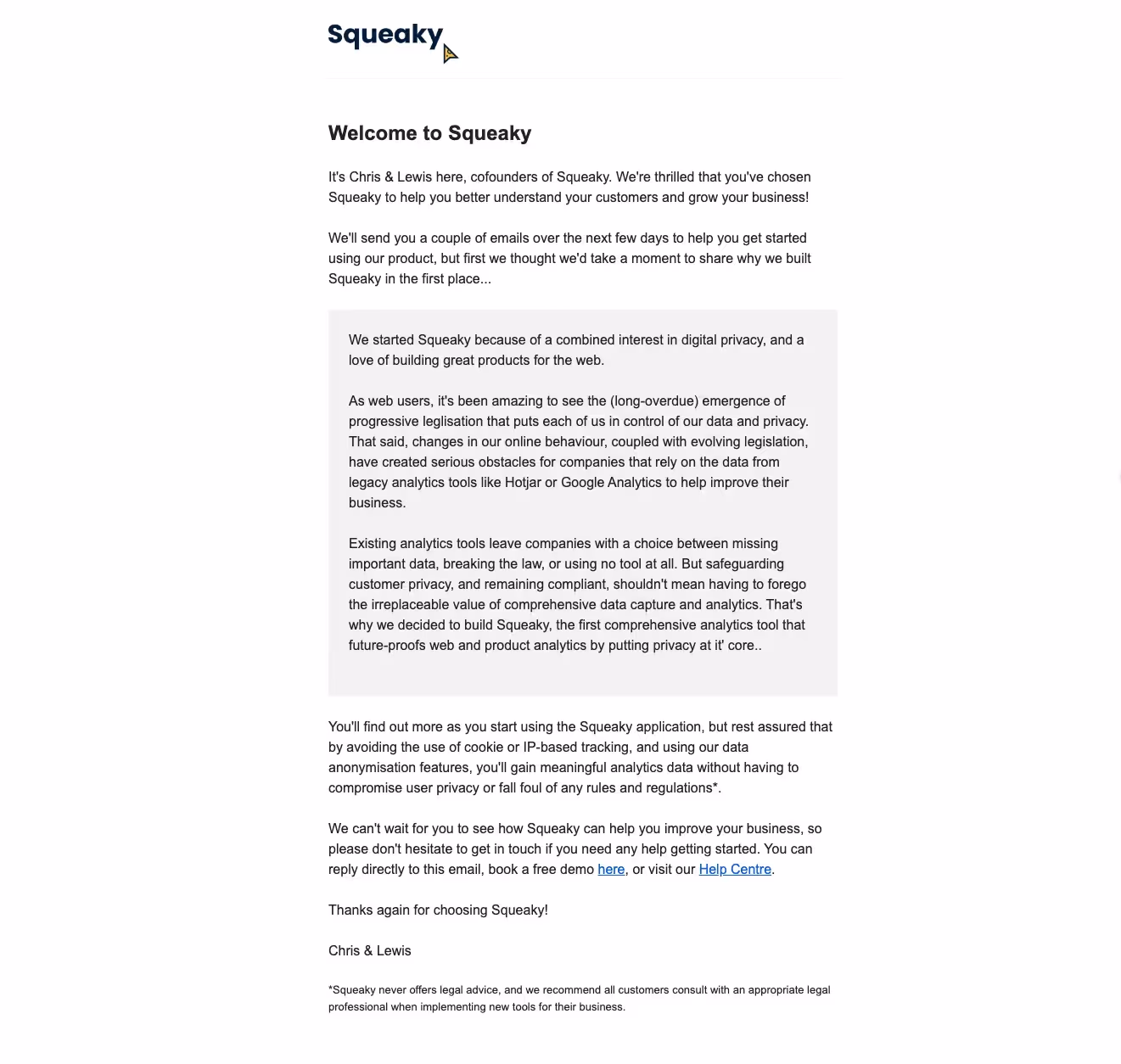 Squeaky Welcome Email