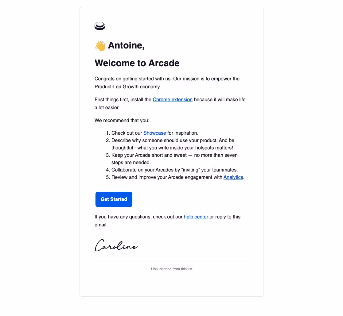 Arcade Welcome Email