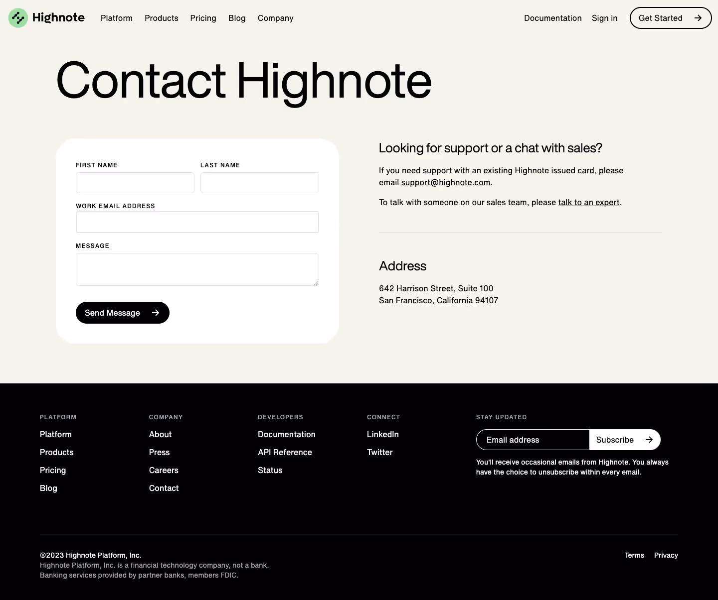 Highnote Contact Page