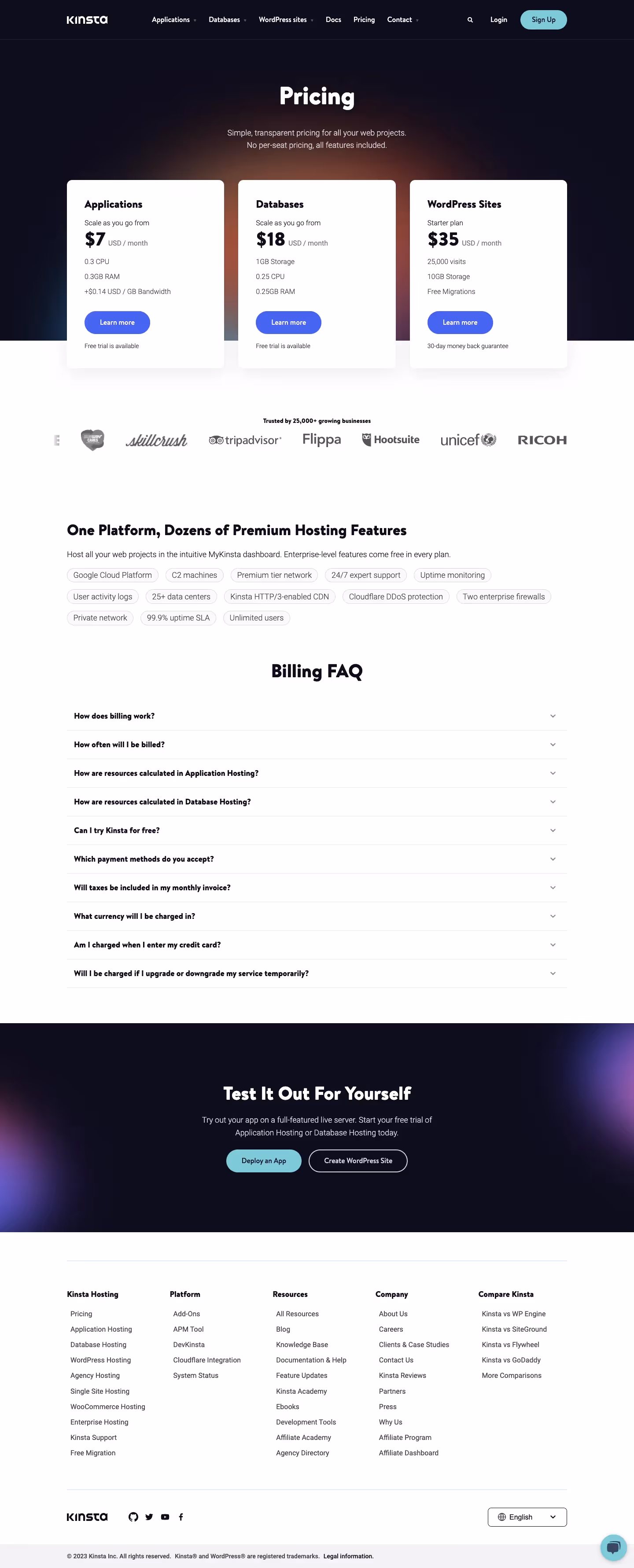 Kinsta Pricing Page