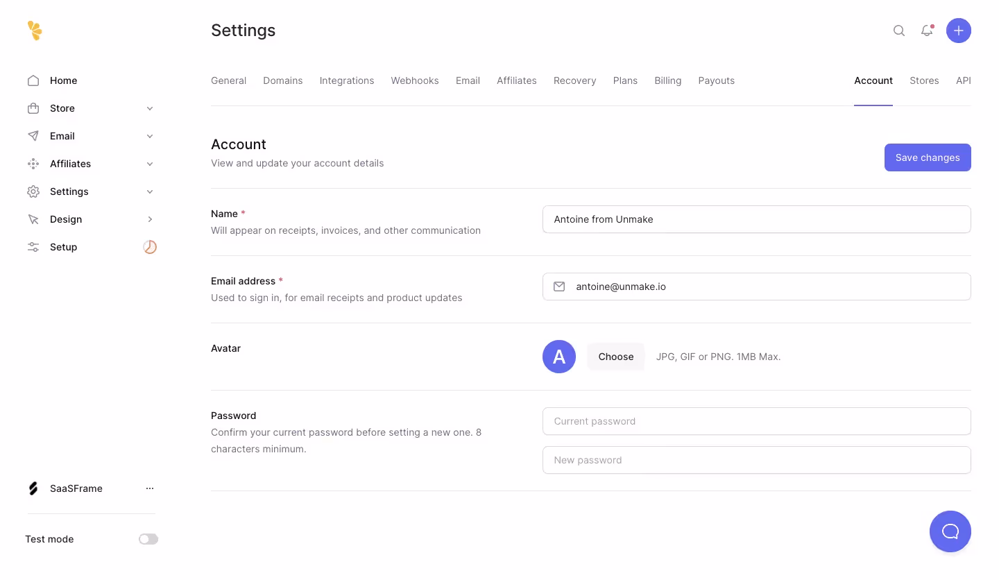Lemon Squeezy Account Settings