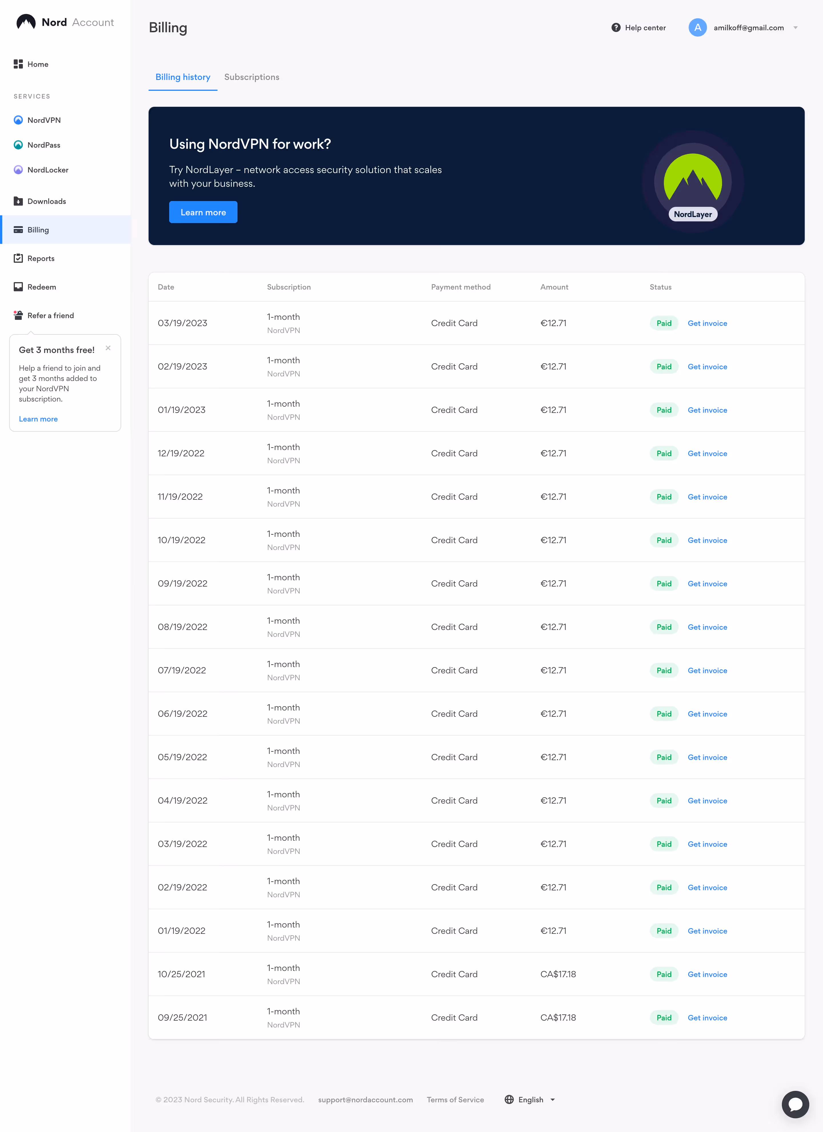 Nord VPN Billing History
