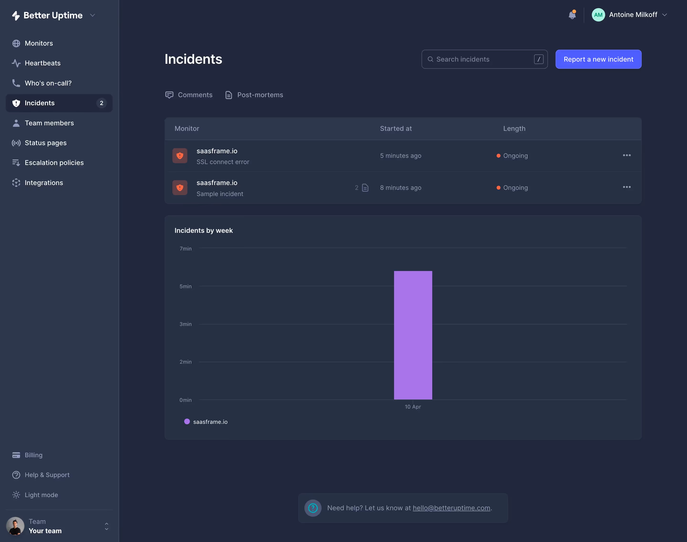 Better Stack etter Uptime  Incidents Dashboard