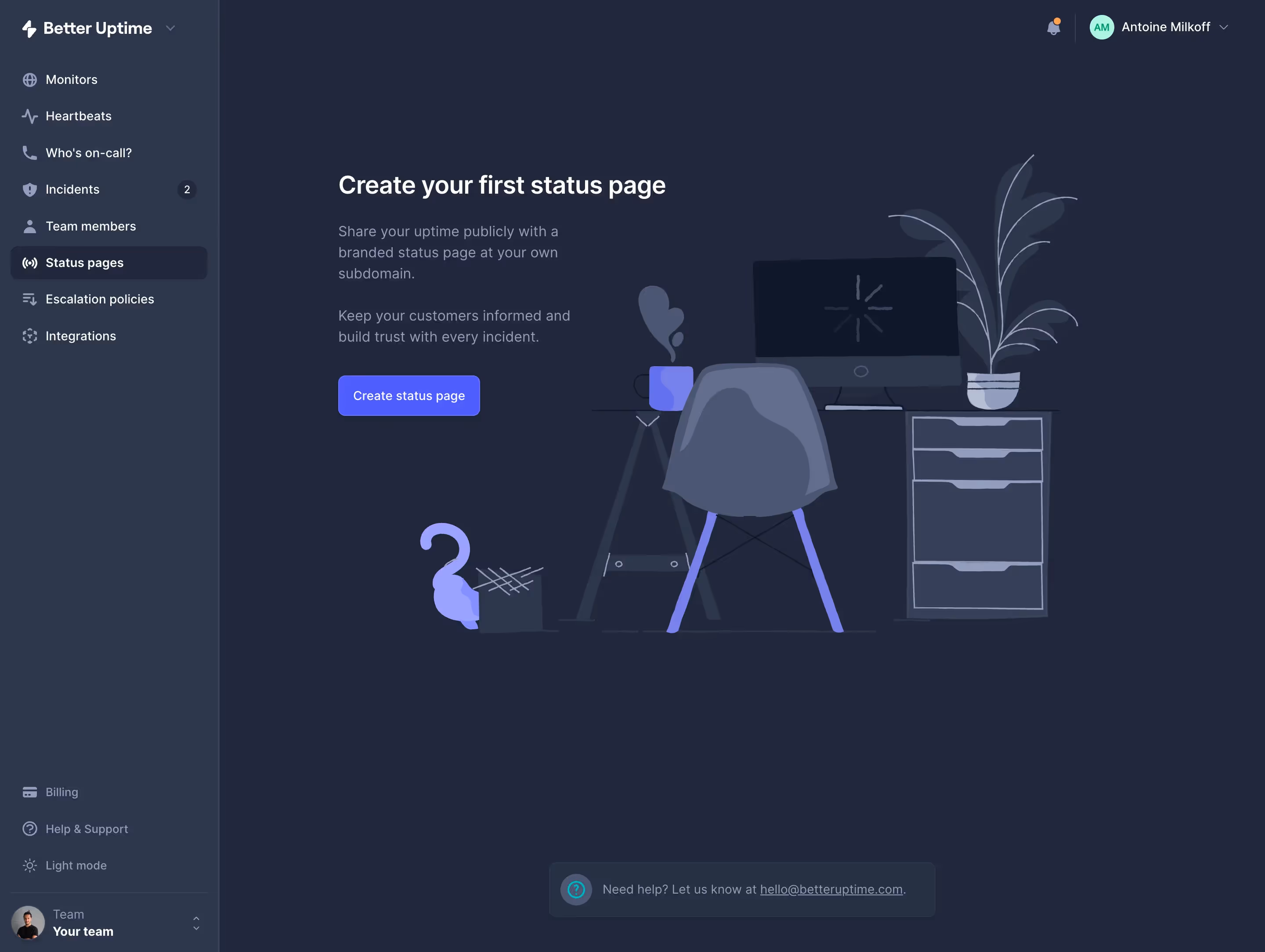 Better Stack etter Uptime Create Status Page