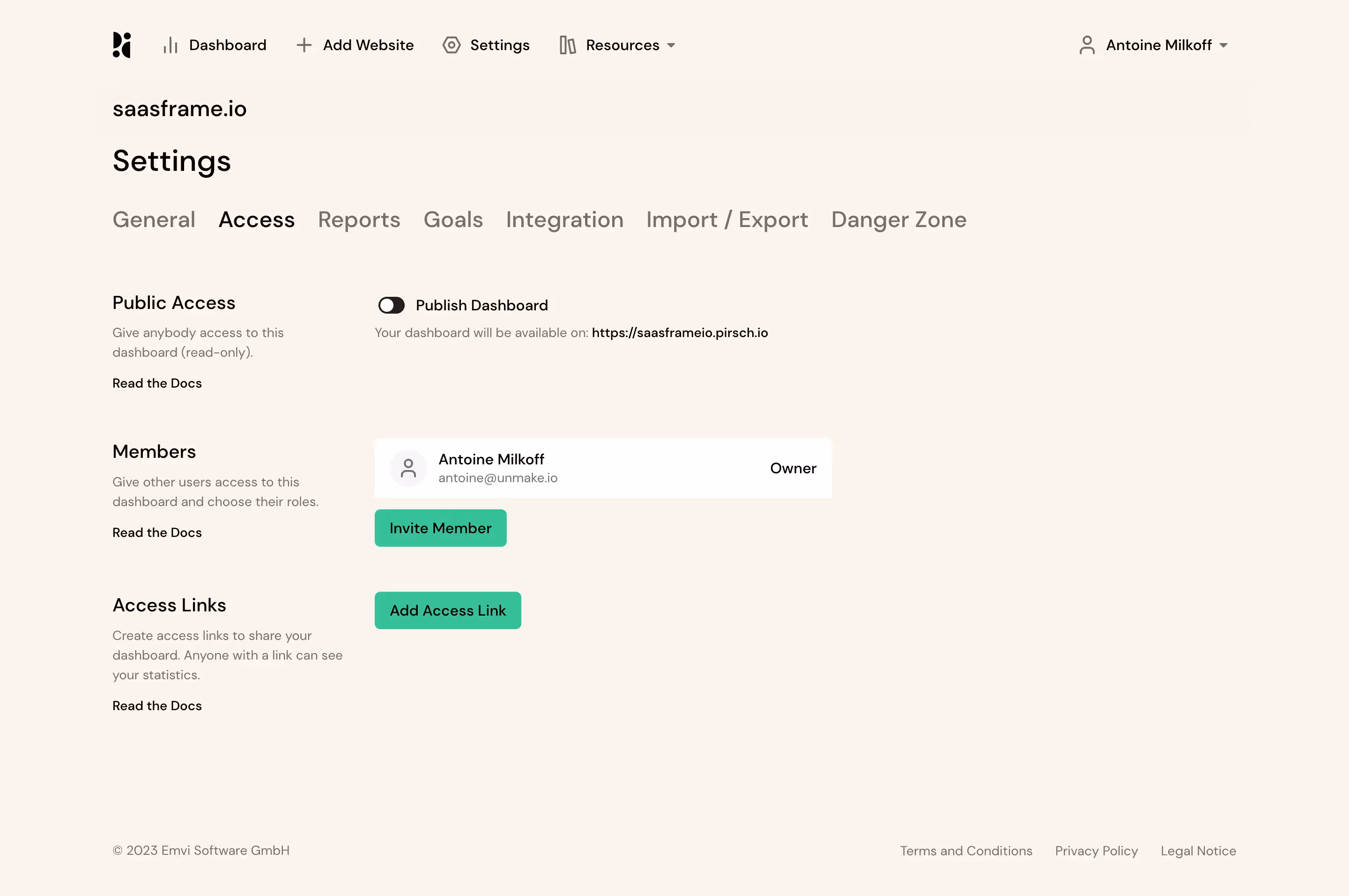 Pirsch Analytics Access Settings