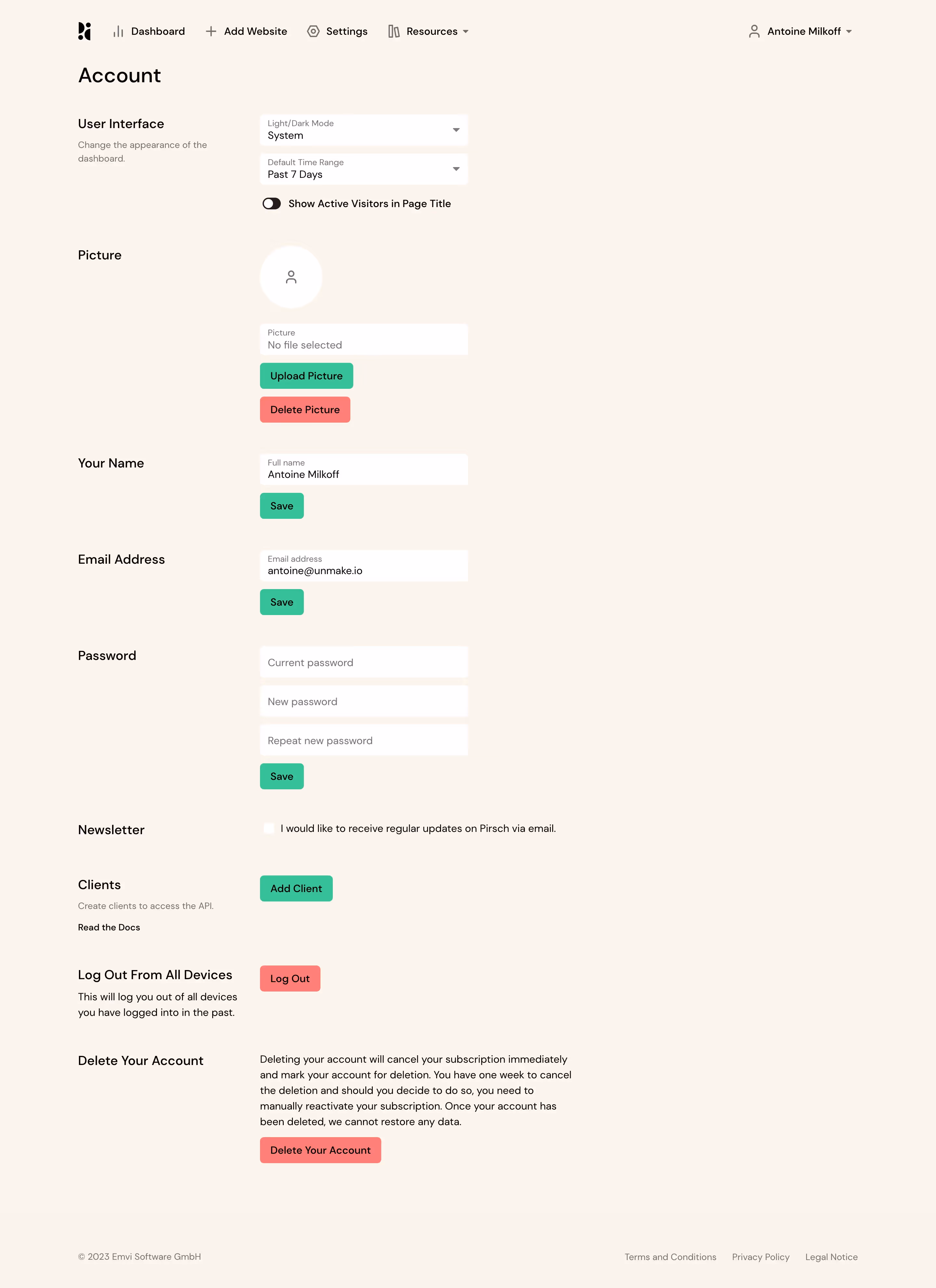 Pirsch Analytics Account Settings